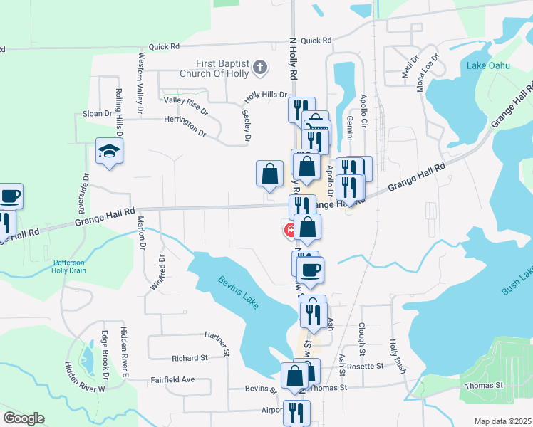 map of restaurants, bars, coffee shops, grocery stores, and more near 3512 Grange Hall Road in Holly