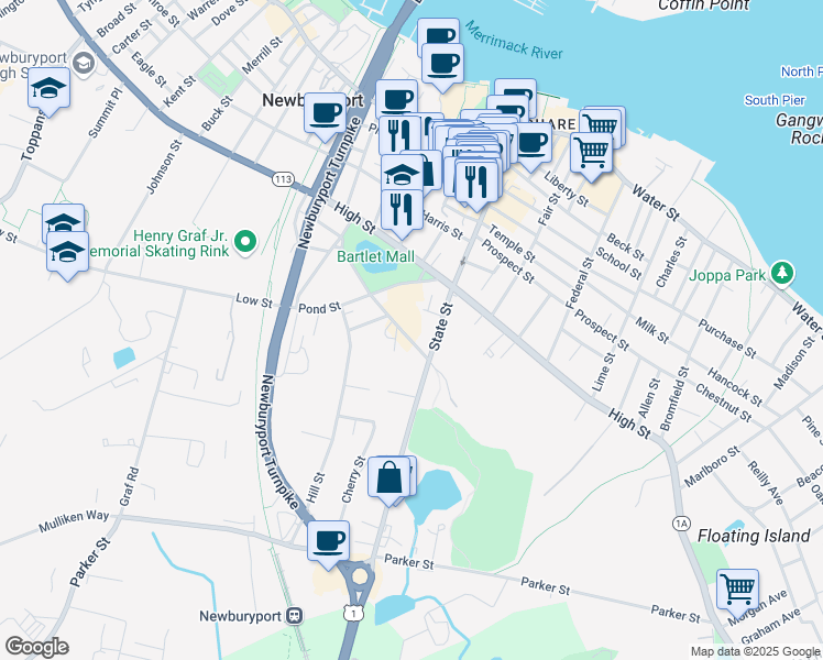 map of restaurants, bars, coffee shops, grocery stores, and more near 0 Greenleaf Street in Newburyport