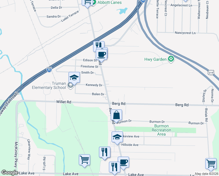 map of restaurants, bars, coffee shops, grocery stores, and more near 2186 Abbott Road in Buffalo