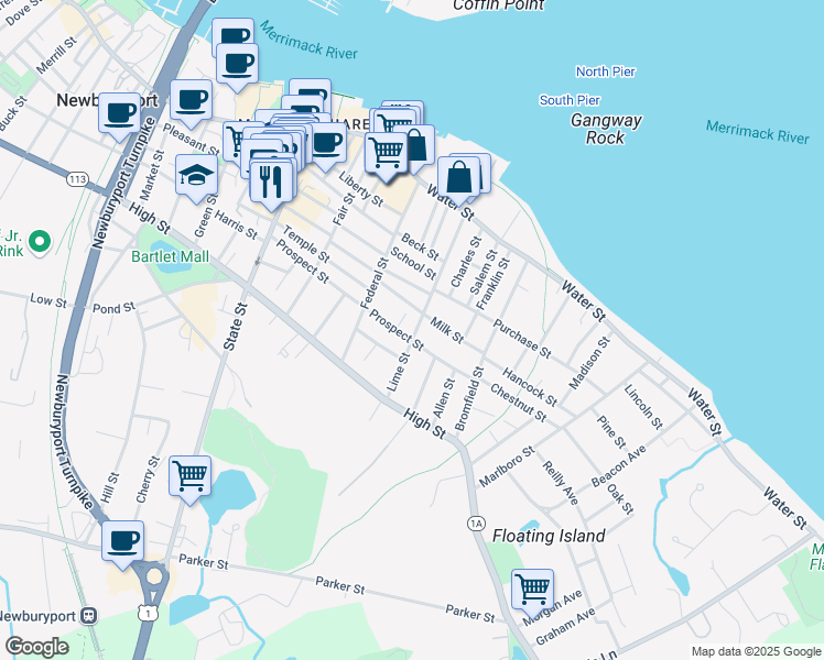 map of restaurants, bars, coffee shops, grocery stores, and more near 72 Lime Street in Newburyport