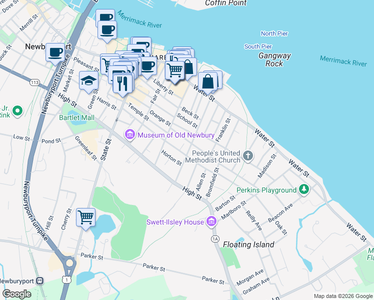 map of restaurants, bars, coffee shops, grocery stores, and more near 80 Lime Street in Newburyport