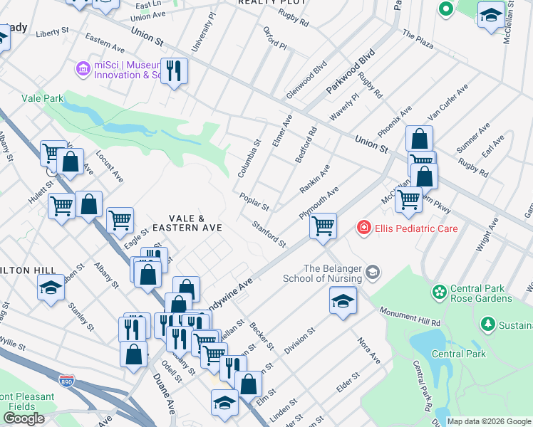 map of restaurants, bars, coffee shops, grocery stores, and more near in Schenectady