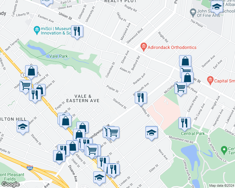map of restaurants, bars, coffee shops, grocery stores, and more near 1334 Stanford Street in Schenectady