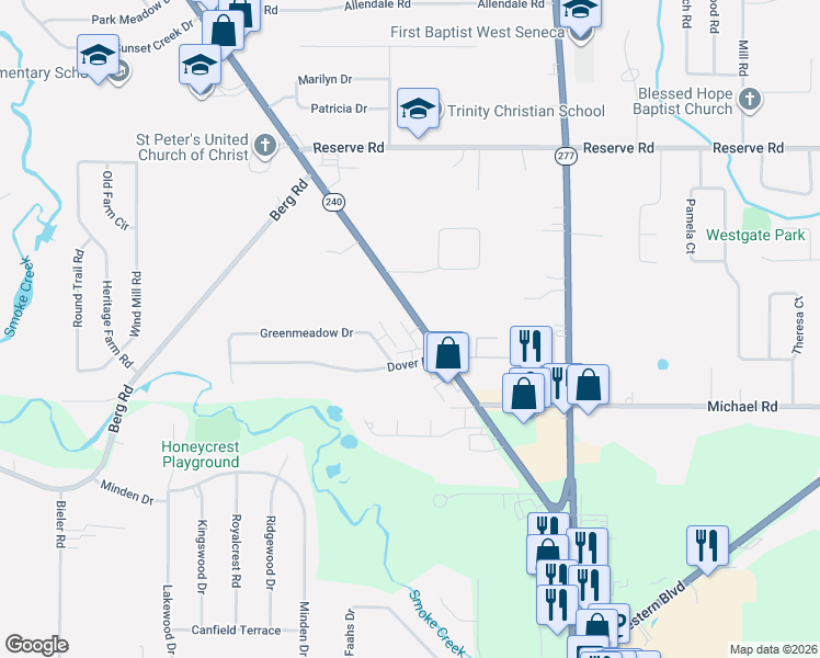 map of restaurants, bars, coffee shops, grocery stores, and more near 212 Dover Drive in Buffalo