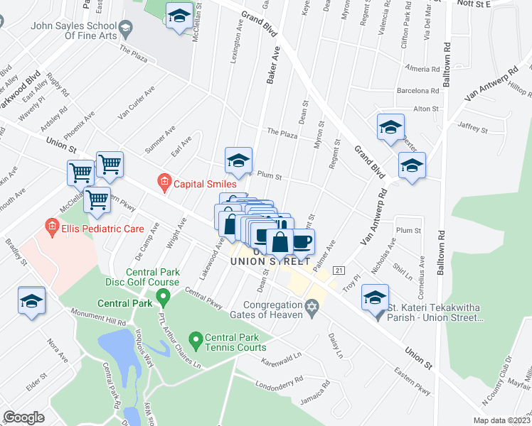 map of restaurants, bars, coffee shops, grocery stores, and more near 1048 Keyes Avenue in Schenectady