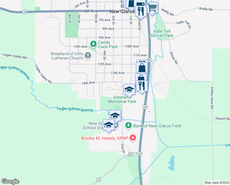 map of restaurants, bars, coffee shops, grocery stores, and more near 1419 2nd Street in New Glarus