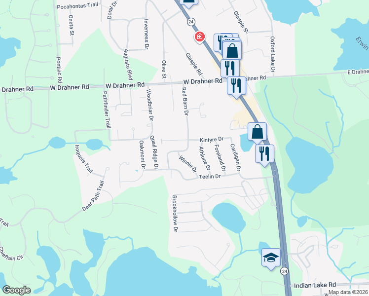 map of restaurants, bars, coffee shops, grocery stores, and more near 1324 Red Barn Drive in Oxford Charter Township
