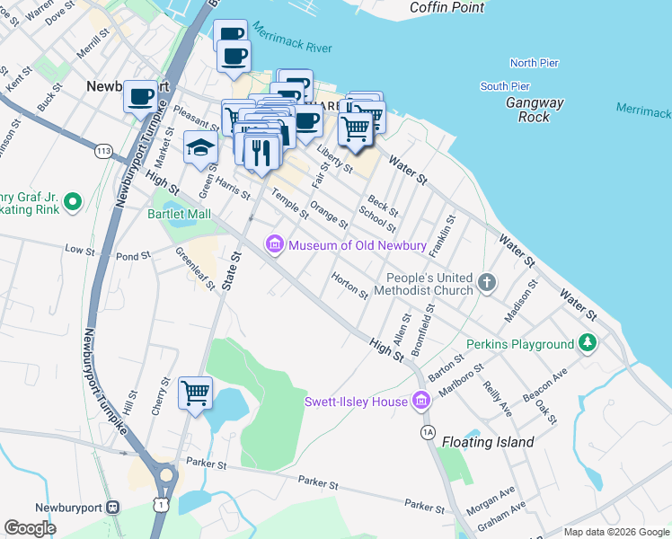 map of restaurants, bars, coffee shops, grocery stores, and more near 75 Federal Street in Newburyport
