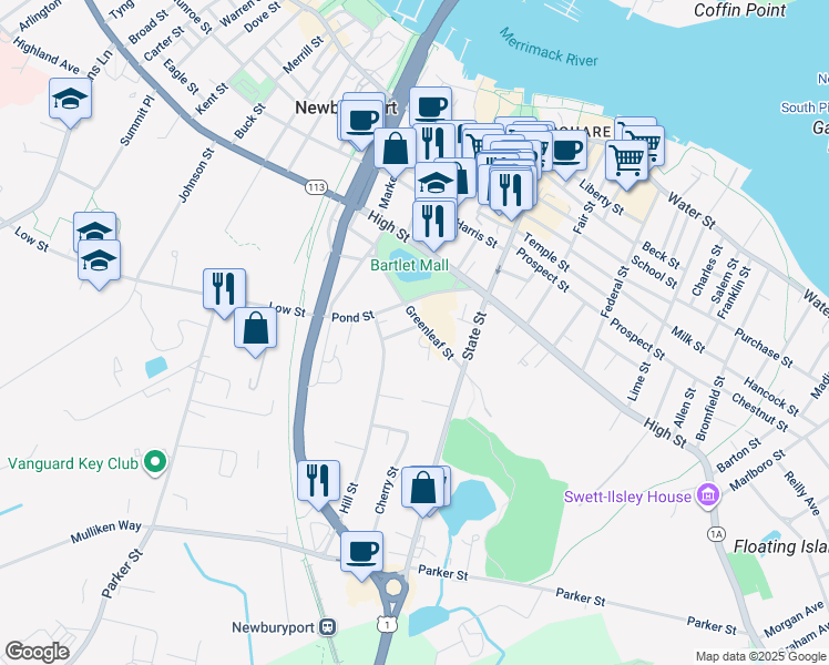 map of restaurants, bars, coffee shops, grocery stores, and more near 9 Hill Street in Newburyport