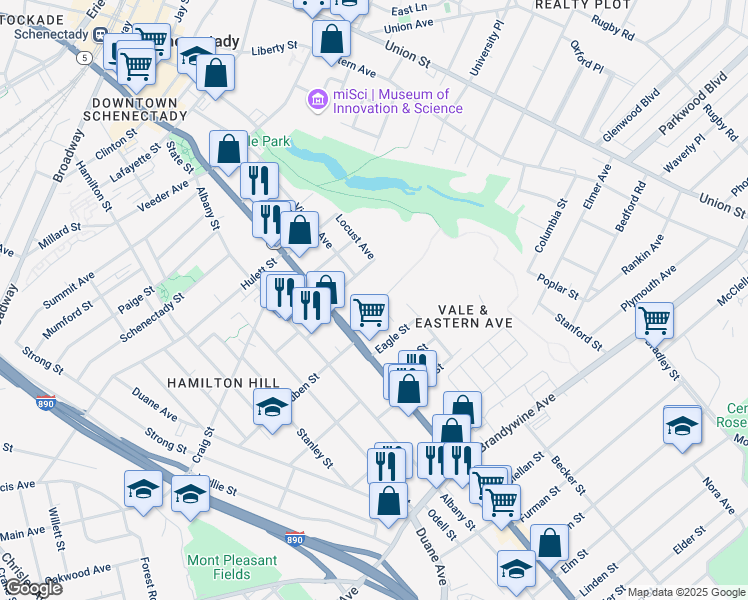 map of restaurants, bars, coffee shops, grocery stores, and more near 1166 Hilderbrandt Avenue in Schenectady