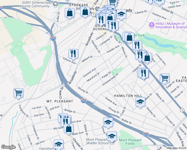 map of restaurants, bars, coffee shops, grocery stores, and more near 525 Mumford Street in Schenectady