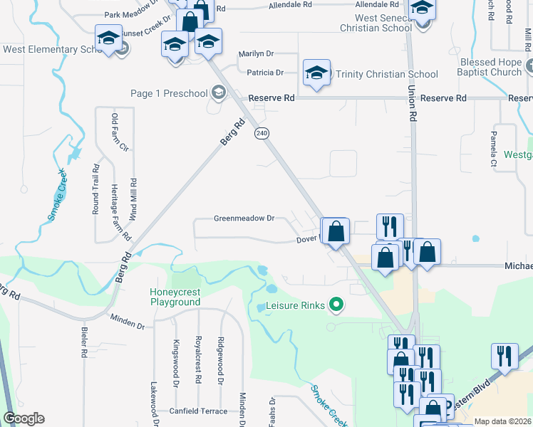 map of restaurants, bars, coffee shops, grocery stores, and more near 116 Dover Drive in Buffalo