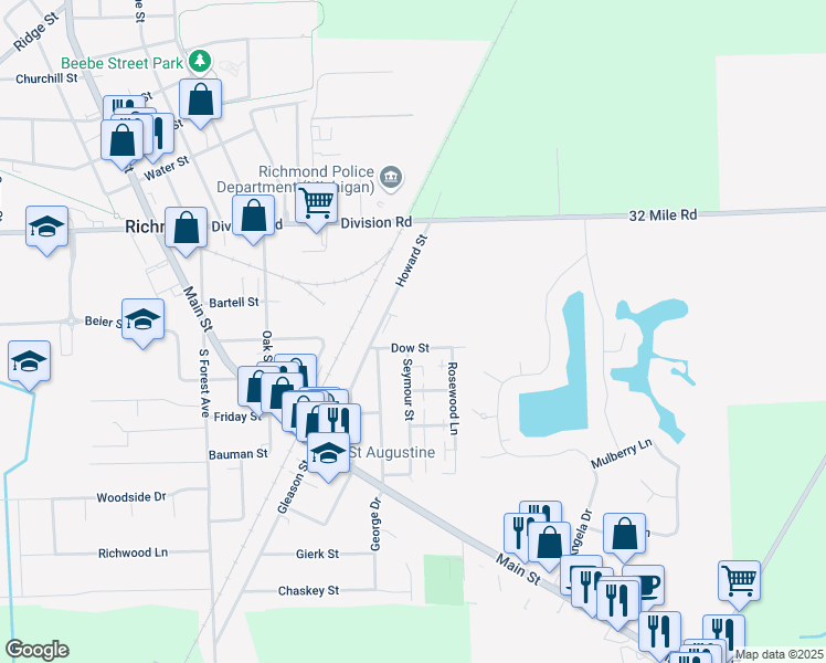 map of restaurants, bars, coffee shops, grocery stores, and more near 68351 Seymour Street in Richmond