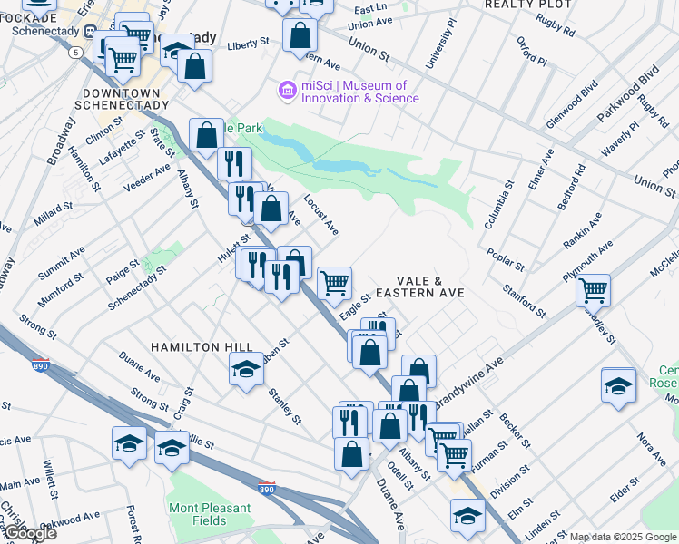 map of restaurants, bars, coffee shops, grocery stores, and more near 1166 Hilderbrandt Avenue in Schenectady