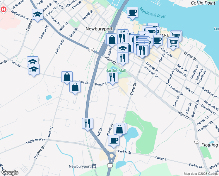 map of restaurants, bars, coffee shops, grocery stores, and more near 9 Hill Street in Newburyport