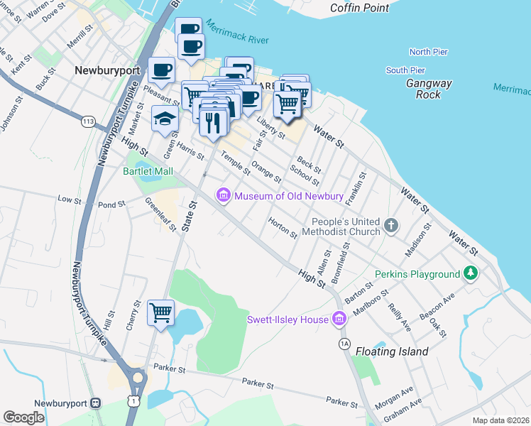 map of restaurants, bars, coffee shops, grocery stores, and more near 68 Federal Street in Newburyport