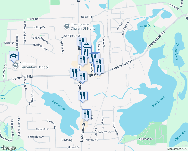 map of restaurants, bars, coffee shops, grocery stores, and more near 4045 Grange Hall Road in Holly