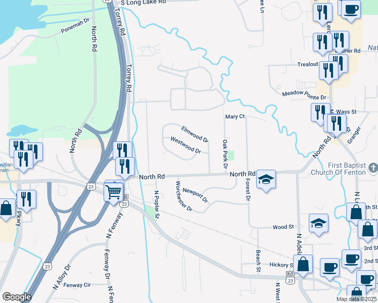 map of restaurants, bars, coffee shops, grocery stores, and more near 826 Westwood Drive in Fenton