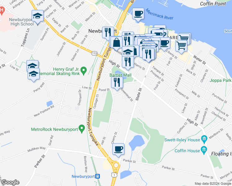 map of restaurants, bars, coffee shops, grocery stores, and more near 25 Greenleaf Street in Newburyport