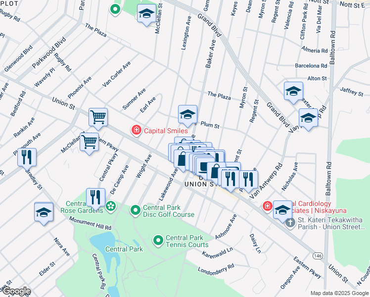 map of restaurants, bars, coffee shops, grocery stores, and more near 1062 Baker Avenue in Schenectady