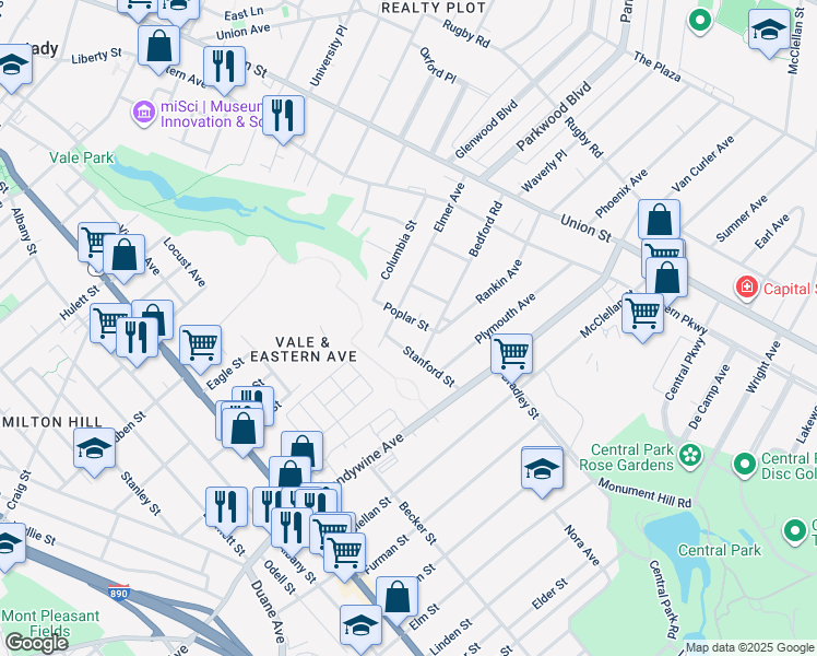 map of restaurants, bars, coffee shops, grocery stores, and more near 153 Elmer Avenue in Schenectady