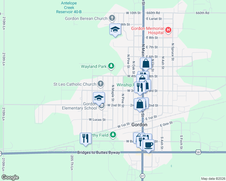 map of restaurants, bars, coffee shops, grocery stores, and more near 301 North Maple Street in Gordon