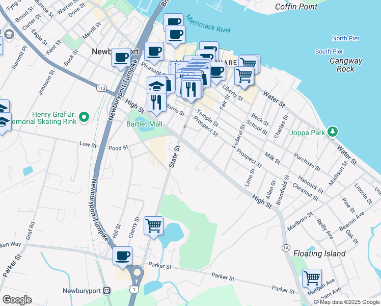 map of restaurants, bars, coffee shops, grocery stores, and more near 87 High Street in Newburyport