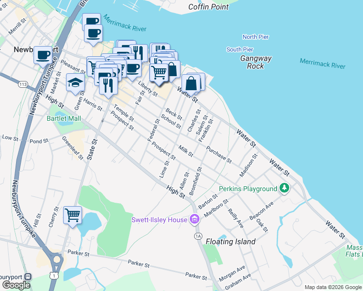 map of restaurants, bars, coffee shops, grocery stores, and more near 2 Purchase Street in Newburyport