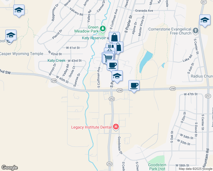 map of restaurants, bars, coffee shops, grocery stores, and more near 4506 South Poplar Street in Casper
