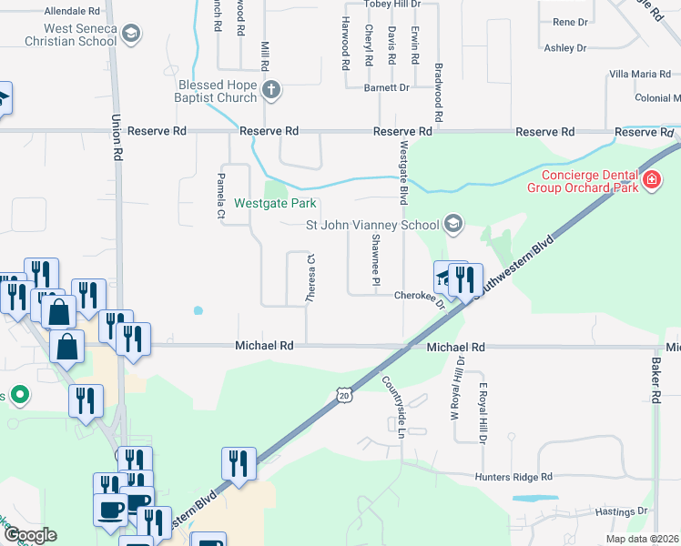 map of restaurants, bars, coffee shops, grocery stores, and more near 102 Cherokee Drive in Buffalo