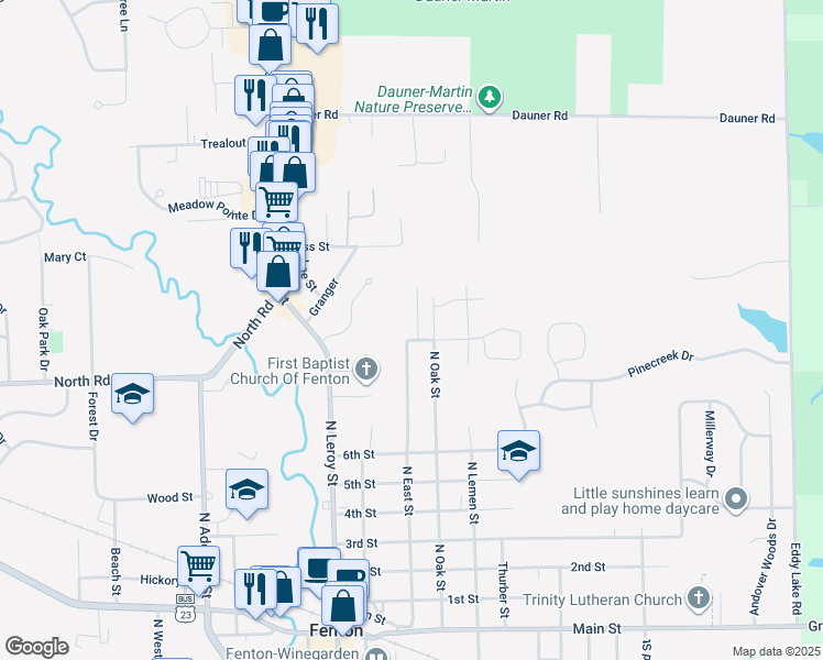 map of restaurants, bars, coffee shops, grocery stores, and more near 1108 East Oak Drive in Fenton
