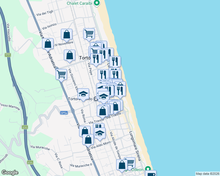map of restaurants, bars, coffee shops, grocery stores, and more near 23 Via Nizza in Tortoreto Lido