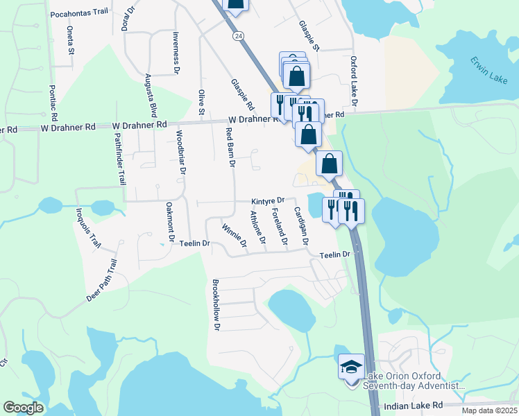 map of restaurants, bars, coffee shops, grocery stores, and more near 236 Kintyre Drive in Oakland County