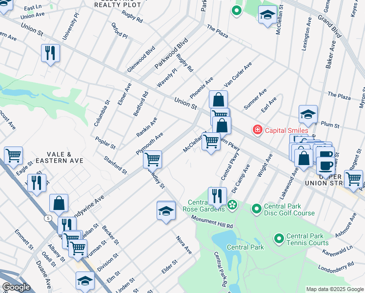 map of restaurants, bars, coffee shops, grocery stores, and more near 709 North Brandywine Avenue in Schenectady
