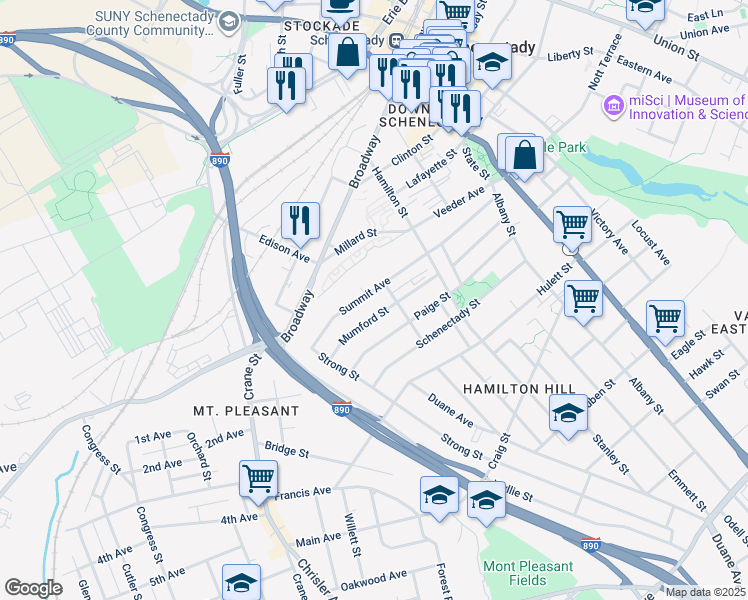map of restaurants, bars, coffee shops, grocery stores, and more near 512 Summit Avenue in Schenectady