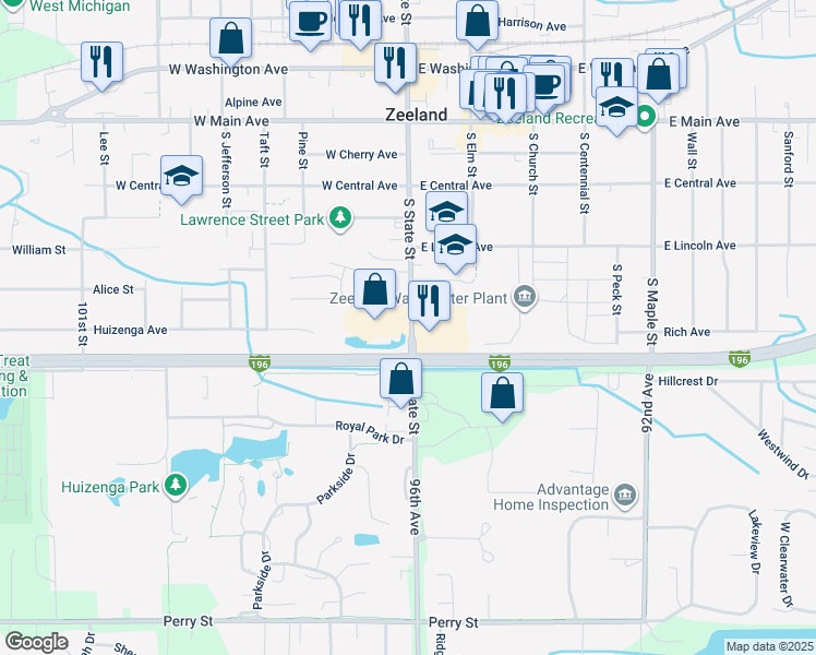 map of restaurants, bars, coffee shops, grocery stores, and more near 250 South State Street in Zeeland