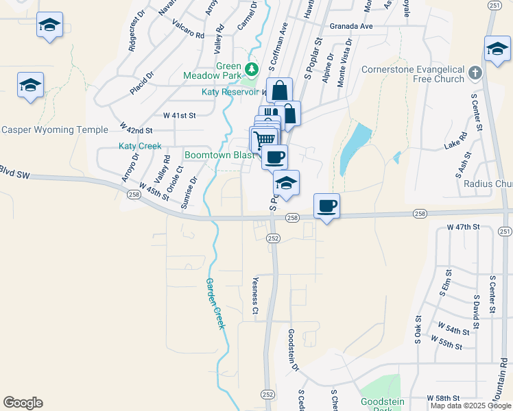 map of restaurants, bars, coffee shops, grocery stores, and more near 4500 South Poplar Street in Casper