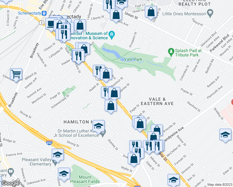 map of restaurants, bars, coffee shops, grocery stores, and more near 3 Catherine Street in Schenectady