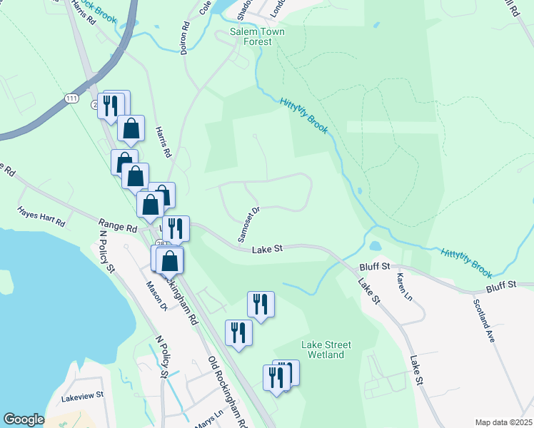 map of restaurants, bars, coffee shops, grocery stores, and more near 10 Samoset Drive in Salem