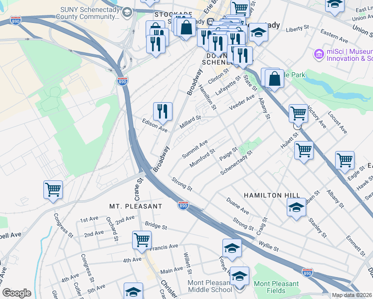 map of restaurants, bars, coffee shops, grocery stores, and more near 196 Veeder Avenue in Schenectady