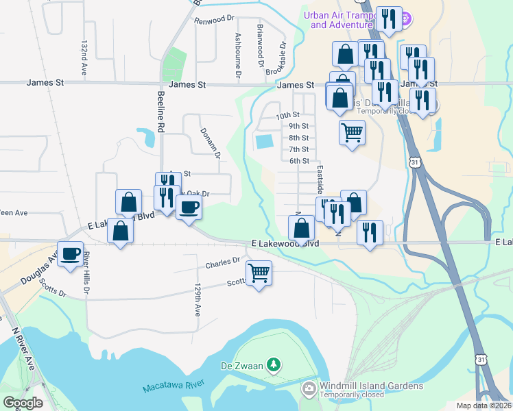 map of restaurants, bars, coffee shops, grocery stores, and more near 275 East Lakewood Boulevard in Holland