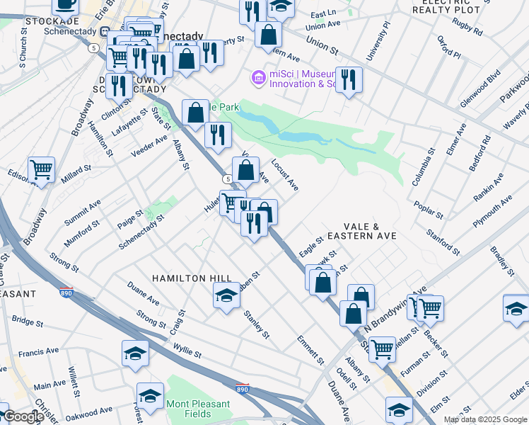 map of restaurants, bars, coffee shops, grocery stores, and more near in Schenectady