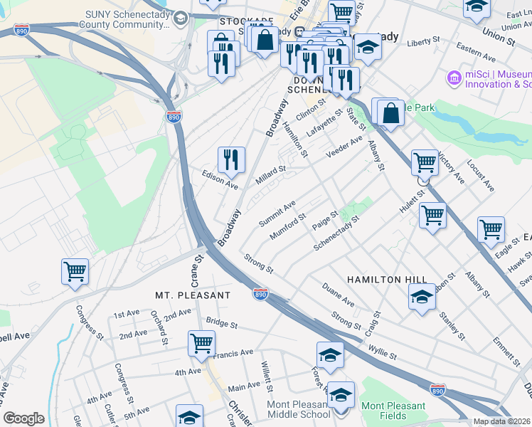 map of restaurants, bars, coffee shops, grocery stores, and more near 196 Veeder Avenue in Schenectady
