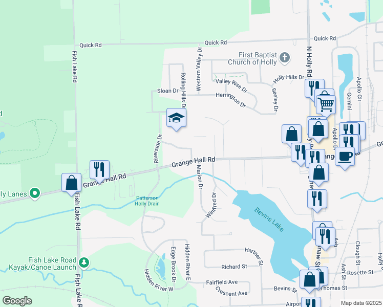 map of restaurants, bars, coffee shops, grocery stores, and more near 3231 Grange Hall Road in Holly