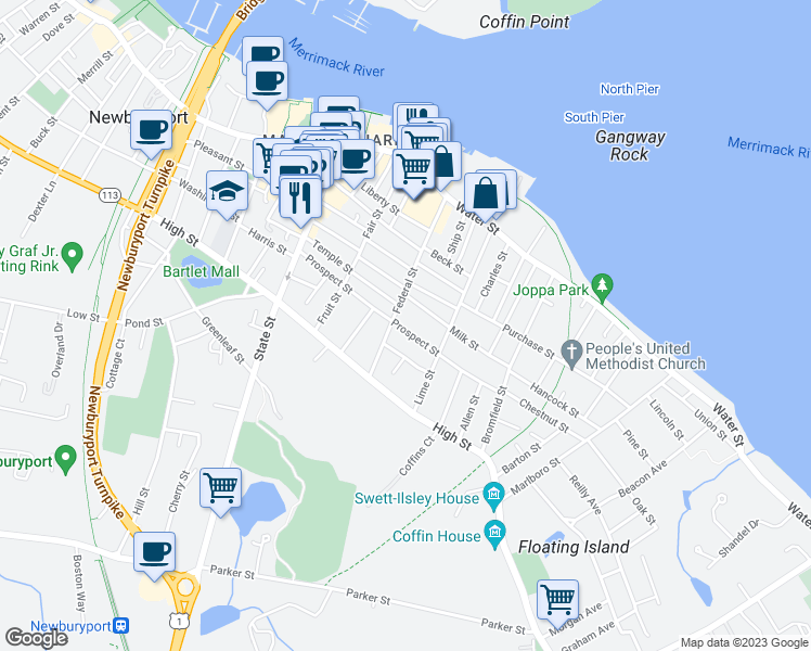 map of restaurants, bars, coffee shops, grocery stores, and more near 61 Prospect Street in Newburyport