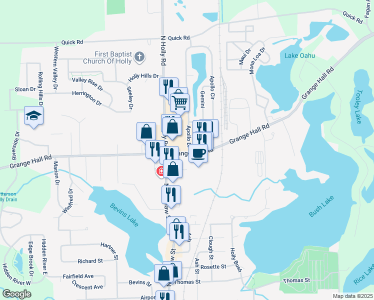map of restaurants, bars, coffee shops, grocery stores, and more near 4041 Grange Hall Road in Holly