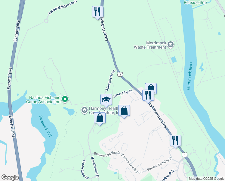 map of restaurants, bars, coffee shops, grocery stores, and more near 10 Manchester Street in Merrimack