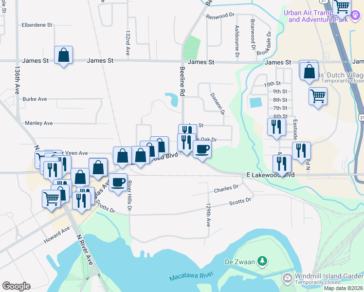 map of restaurants, bars, coffee shops, grocery stores, and more near 307 Beeline Road in Holland
