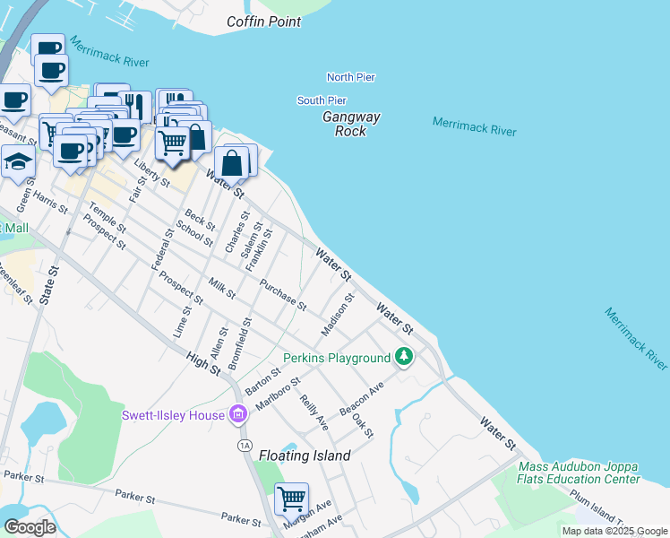 map of restaurants, bars, coffee shops, grocery stores, and more near 196 Water Street in Newburyport