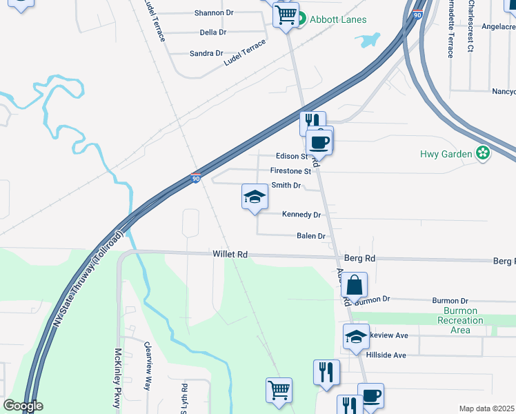map of restaurants, bars, coffee shops, grocery stores, and more near 4 Kennedy Drive in Buffalo